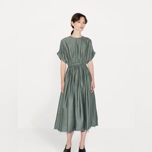 Black Crane Pleated Dress Muted Green Midi Dress with Elastic Waist - Large